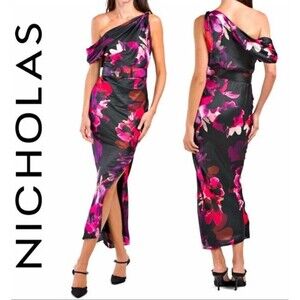 Nicholas Halle Off Shoulder  Gown Dress Floral Gold Bead With Belt Size 6 Lux